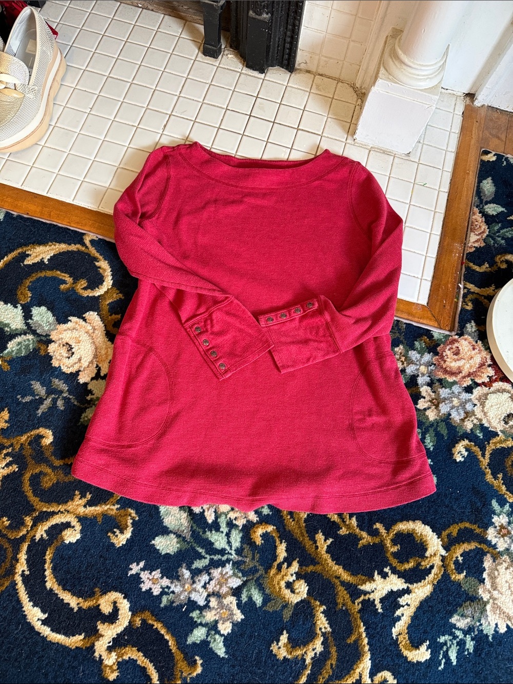 J. Jill brick waffle knit brick   Red Long-Sleeve Tunic w/front pockets -worn 5x